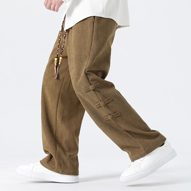 Nimara Ritual Fall Solid Frog-Button Men's Drawstring Corduroy Straight Leg Pants With Pockets