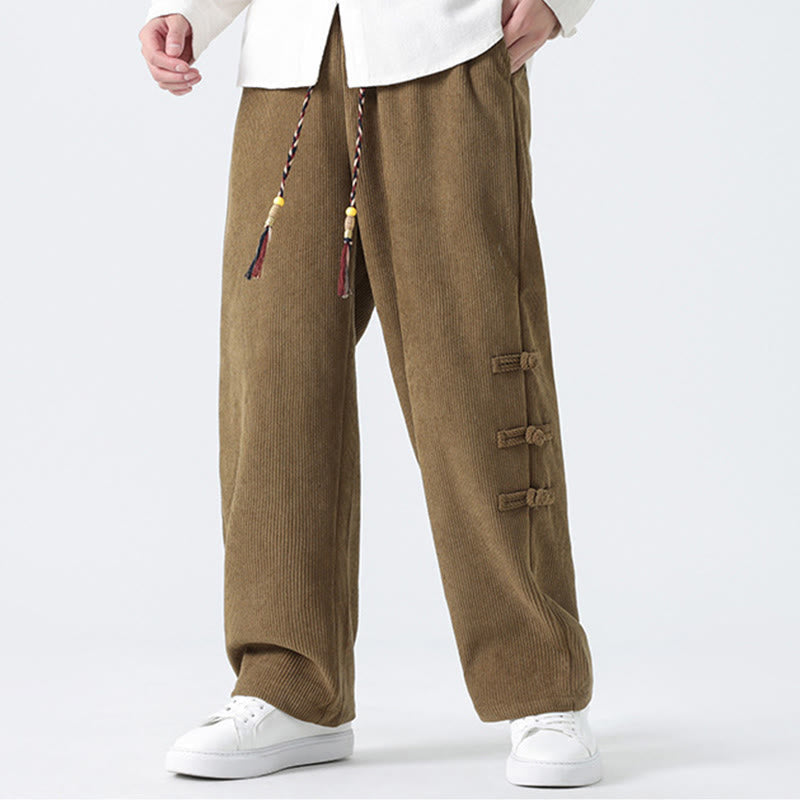 Nimara Ritual Fall Solid Frog-Button Men's Drawstring Corduroy Straight Leg Pants With Pockets