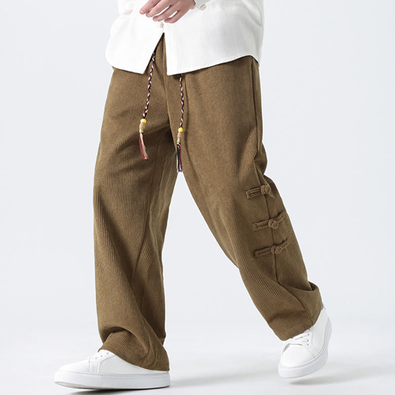 Nimara Ritual Fall Solid Frog-Button Men's Drawstring Corduroy Straight Leg Pants With Pockets