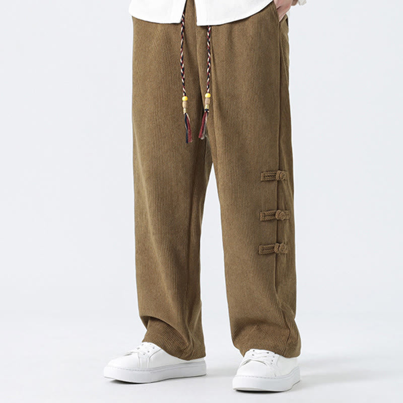 Nimara Ritual Fall Solid Frog-Button Men's Drawstring Corduroy Straight Leg Pants With Pockets