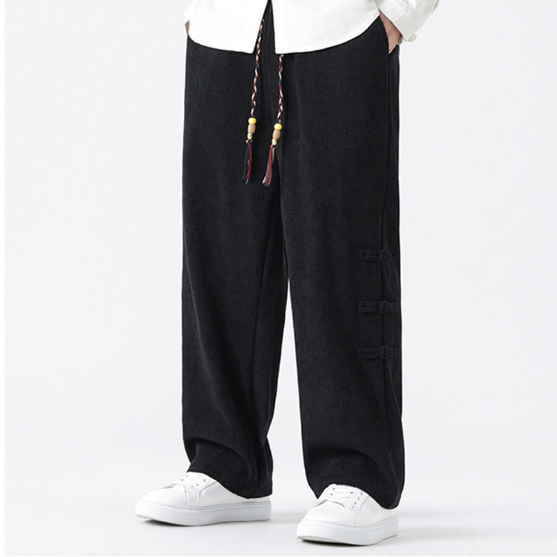 Nimara Ritual Fall Solid Frog-Button Men's Drawstring Corduroy Straight Leg Pants With Pockets