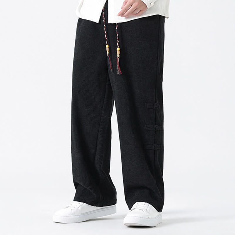 Nimara Ritual Fall Solid Frog-Button Men's Drawstring Corduroy Straight Leg Pants With Pockets