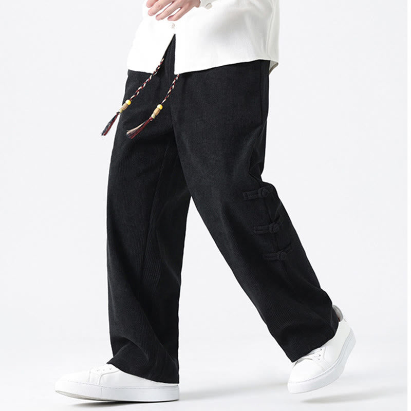 Nimara Ritual Fall Solid Frog-Button Men's Drawstring Corduroy Straight Leg Pants With Pockets