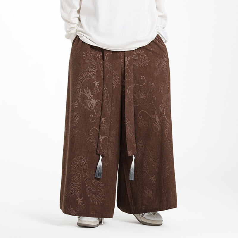 Nimara Ritual Dragon Jacquard Drawstring Design Men's Corduroy Wide Leg Pants With Pockets