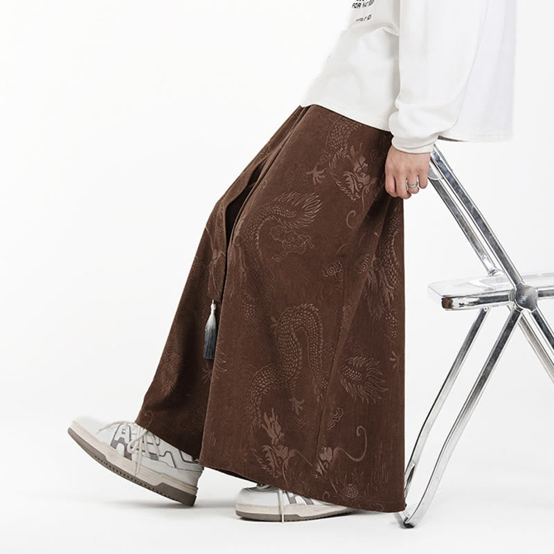 Nimara Ritual Dragon Jacquard Drawstring Design Men's Corduroy Wide Leg Pants With Pockets
