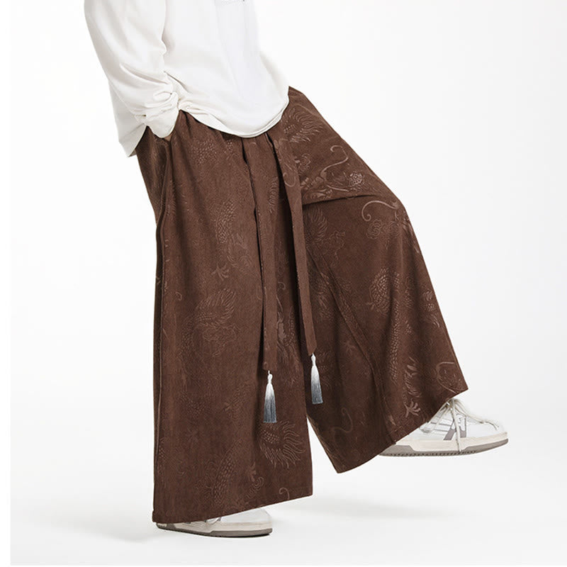 Nimara Ritual Dragon Jacquard Drawstring Design Men's Corduroy Wide Leg Pants With Pockets