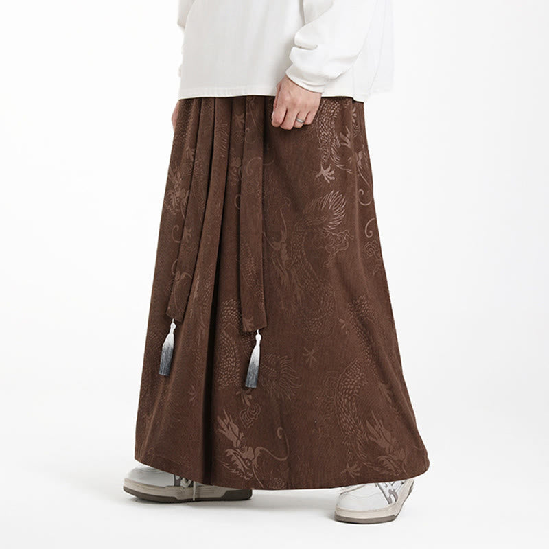 Nimara Ritual Dragon Jacquard Drawstring Design Men's Corduroy Wide Leg Pants With Pockets