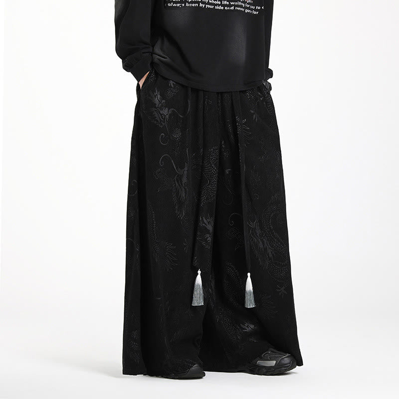 Nimara Ritual Dragon Jacquard Drawstring Design Men's Corduroy Wide Leg Pants With Pockets