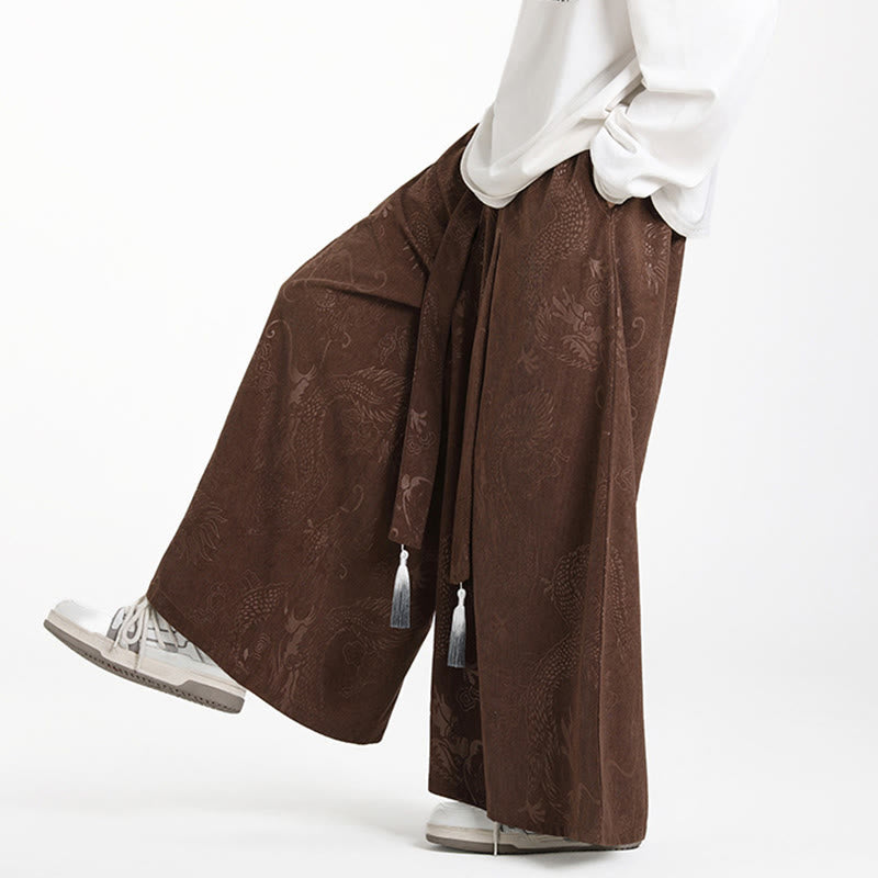 Nimara Ritual Dragon Jacquard Drawstring Design Men's Corduroy Wide Leg Pants With Pockets