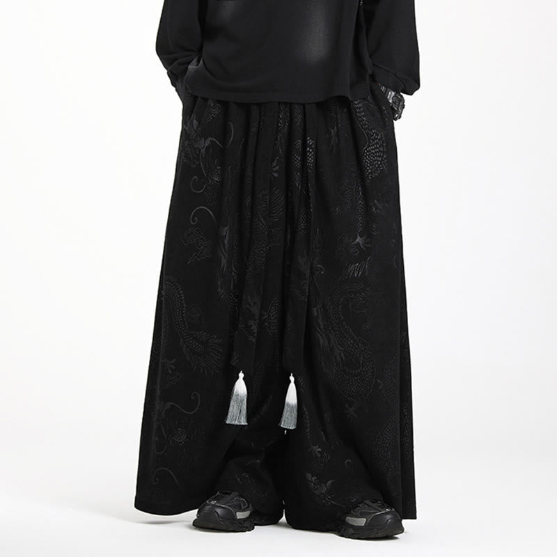 Nimara Ritual Dragon Jacquard Drawstring Design Men's Corduroy Wide Leg Pants With Pockets