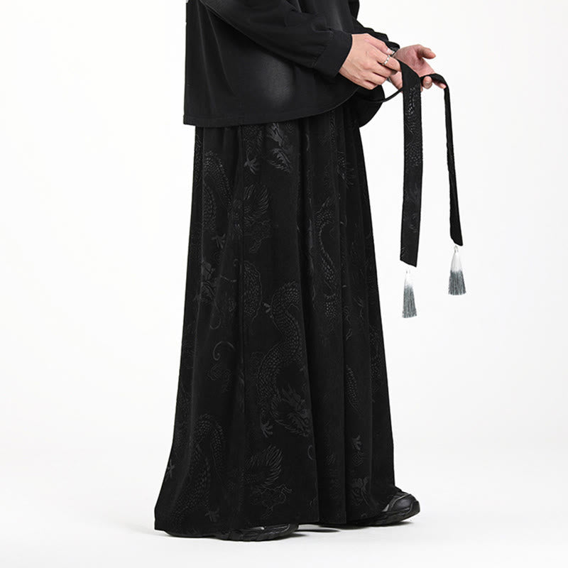 Nimara Ritual Dragon Jacquard Drawstring Design Men's Corduroy Wide Leg Pants With Pockets