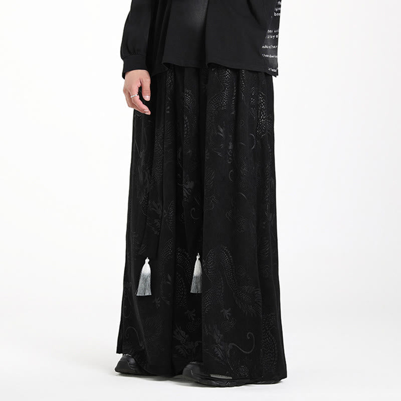 Nimara Ritual Dragon Jacquard Drawstring Design Men's Corduroy Wide Leg Pants With Pockets