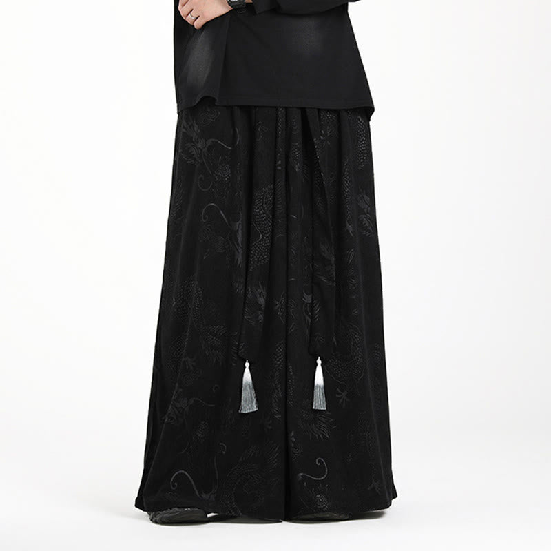 Nimara Ritual Dragon Jacquard Drawstring Design Men's Corduroy Wide Leg Pants With Pockets