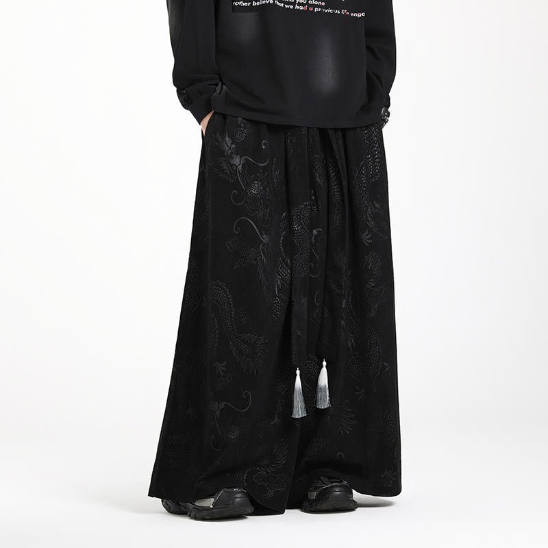 Nimara Ritual Dragon Jacquard Drawstring Design Men's Corduroy Wide Leg Pants With Pockets