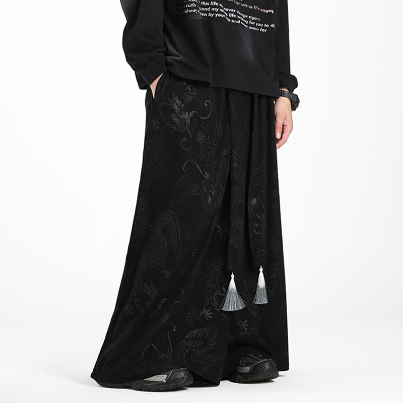 Nimara Ritual Dragon Jacquard Drawstring Design Men's Corduroy Wide Leg Pants With Pockets