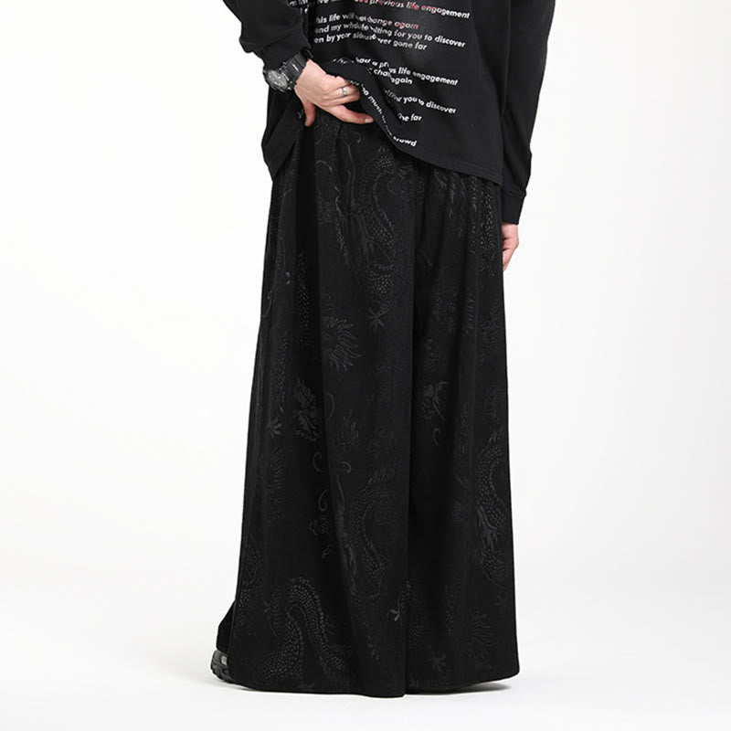 Nimara Ritual Dragon Jacquard Drawstring Design Men's Corduroy Wide Leg Pants With Pockets