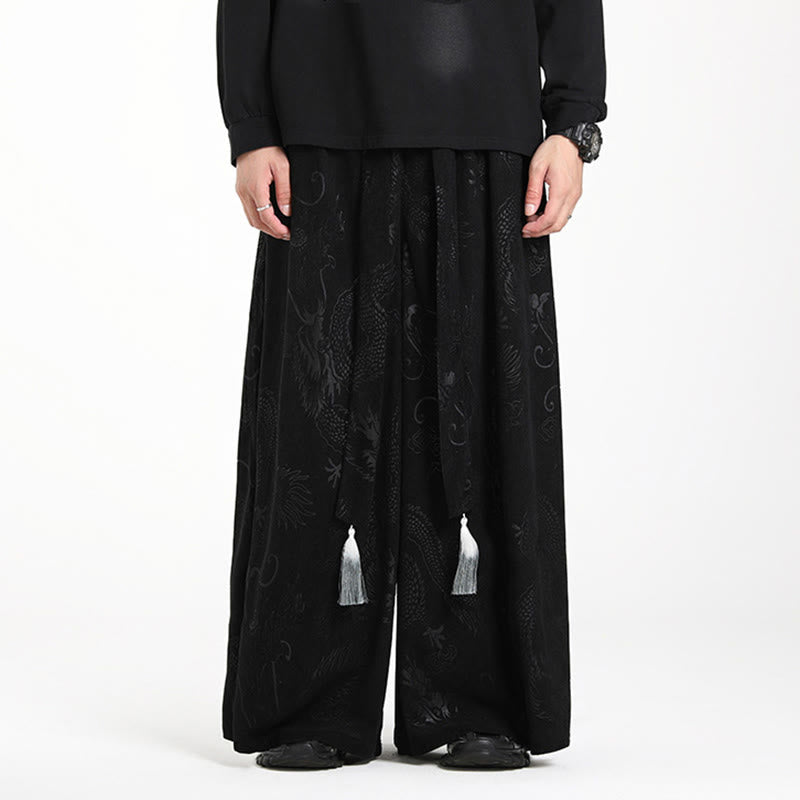 Nimara Ritual Dragon Jacquard Drawstring Design Men's Corduroy Wide Leg Pants With Pockets