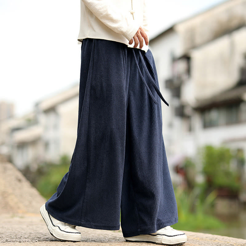 Nimara Ritual Fall Solid Color Drawstring Design Men's Corduroy Wide Leg Pants With Pockets