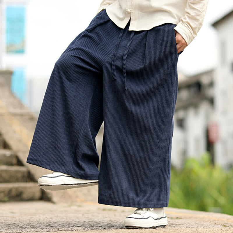 Nimara Ritual Fall Solid Color Drawstring Design Men's Corduroy Wide Leg Pants With Pockets
