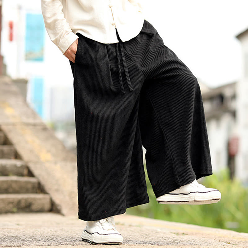 Nimara Ritual Fall Solid Color Drawstring Design Men's Corduroy Wide Leg Pants With Pockets