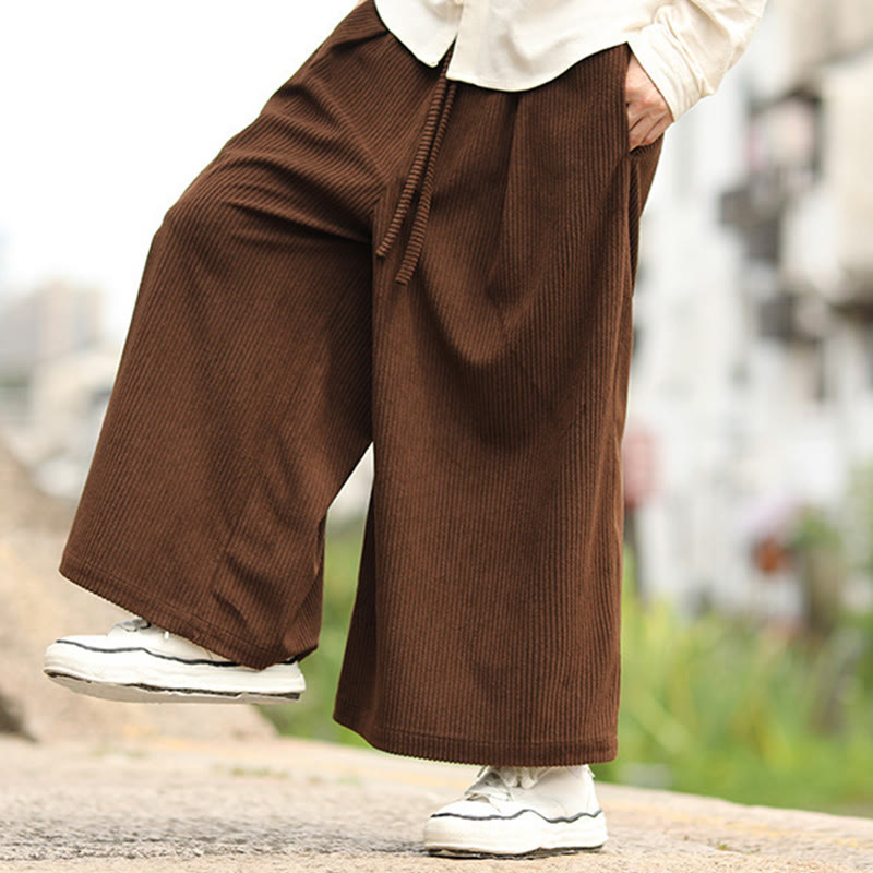 Nimara Ritual Fall Solid Color Drawstring Design Men's Corduroy Wide Leg Pants With Pockets