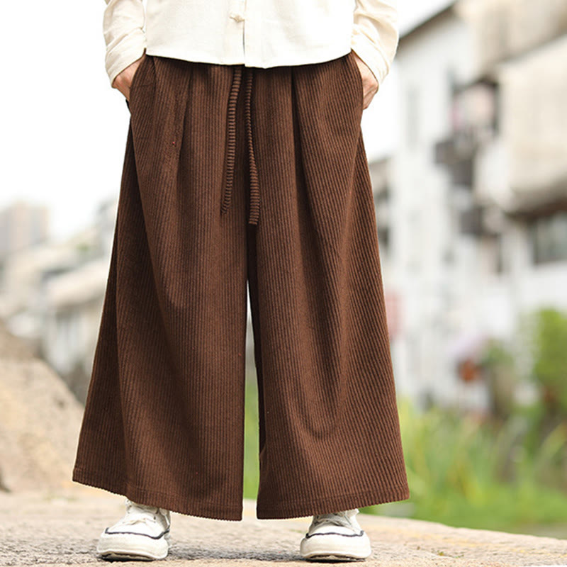 Nimara Ritual Fall Solid Color Drawstring Design Men's Corduroy Wide Leg Pants With Pockets