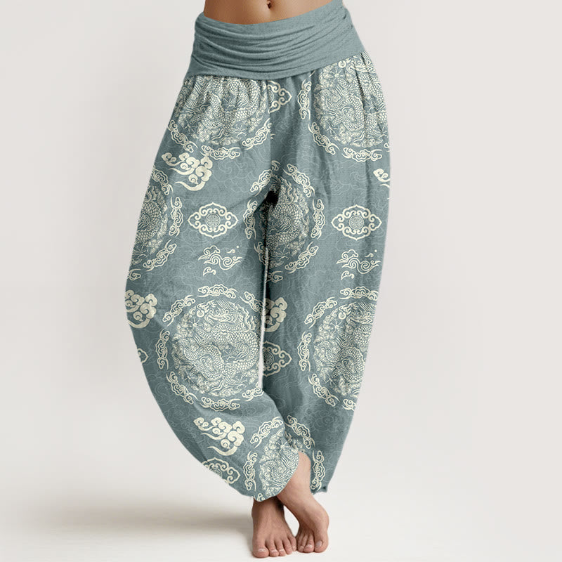 Nimara Ritual Cotton Light Color Dragon Cloud Pattern Women's Elastic Waist Harem Pants