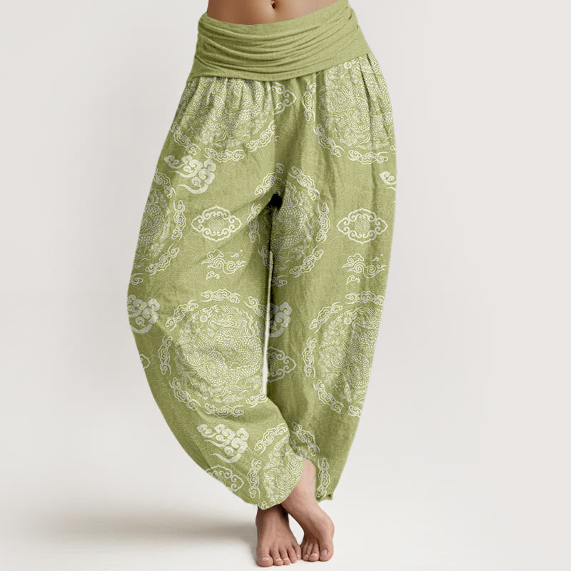 Nimara Ritual Cotton Light Color Dragon Cloud Pattern Women's Elastic Waist Harem Pants