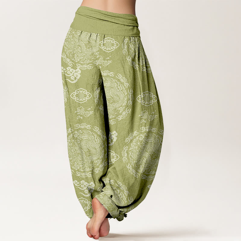 Nimara Ritual Cotton Light Color Dragon Cloud Pattern Women's Elastic Waist Harem Pants