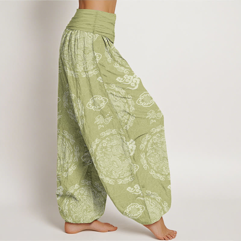 Nimara Ritual Cotton Light Color Dragon Cloud Pattern Women's Elastic Waist Harem Pants