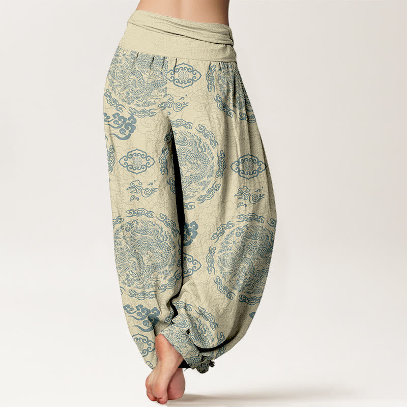 Nimara Ritual Cotton Light Color Dragon Cloud Pattern Women's Elastic Waist Harem Pants