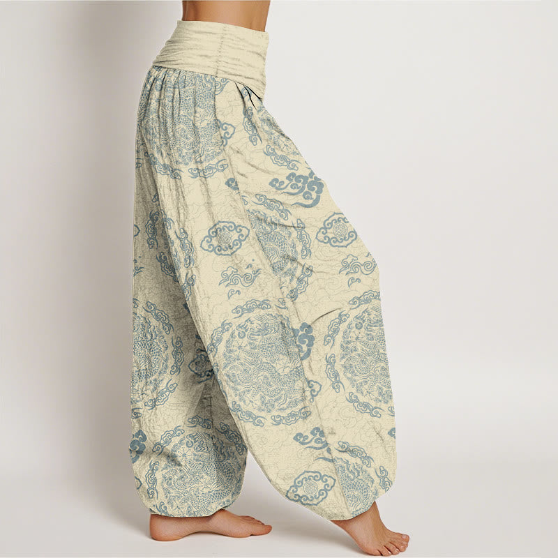 Nimara Ritual Cotton Light Color Dragon Cloud Pattern Women's Elastic Waist Harem Pants