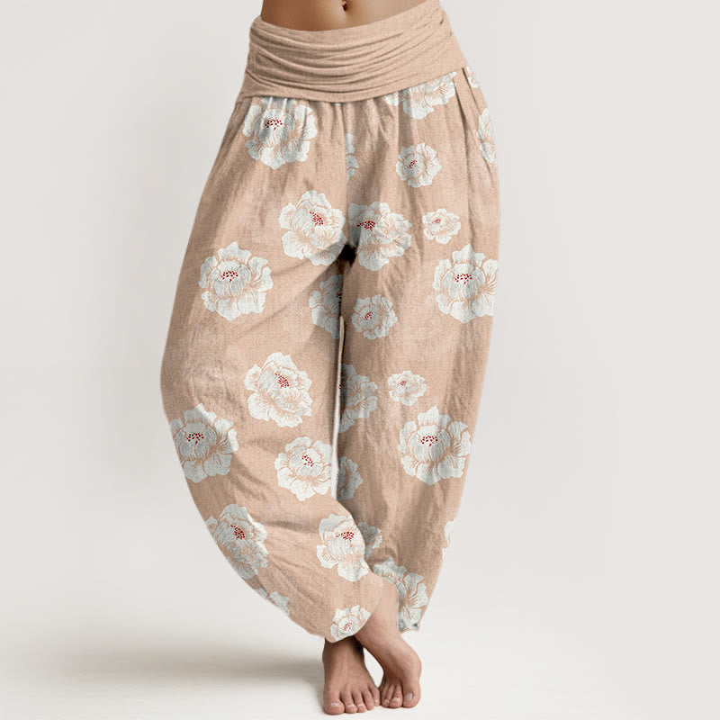 Nimara Ritual Cotton Elegant White Flowers Pattern Women's Elastic Waist Harem Pants
