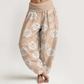 Nimara Ritual Cotton Elegant White Flowers Pattern Women's Elastic Waist Harem Pants