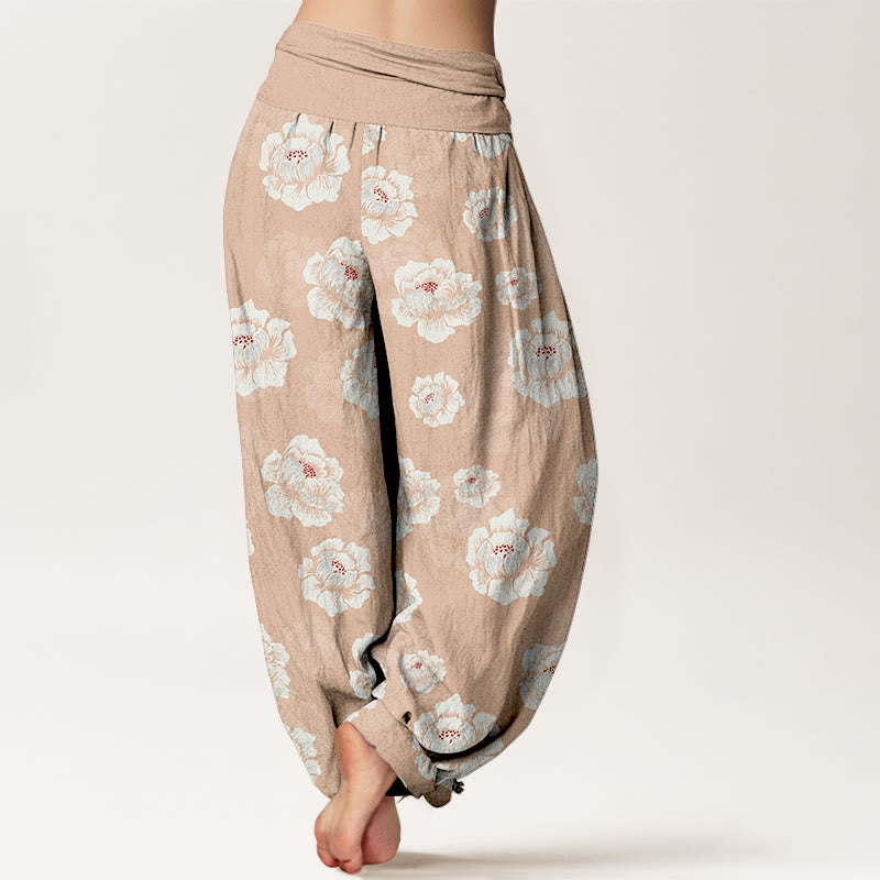 Nimara Ritual Cotton Elegant White Flowers Pattern Women's Elastic Waist Harem Pants