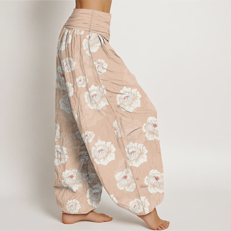 Nimara Ritual Cotton Elegant White Flowers Pattern Women's Elastic Waist Harem Pants