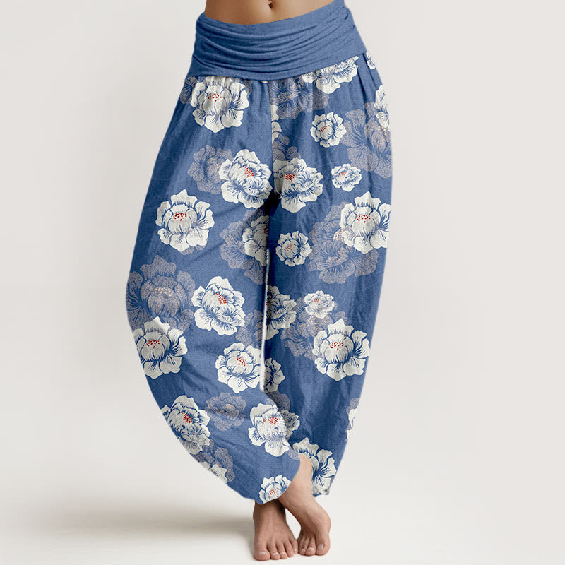 Nimara Ritual Cotton Elegant White Flowers Pattern Women's Elastic Waist Harem Pants