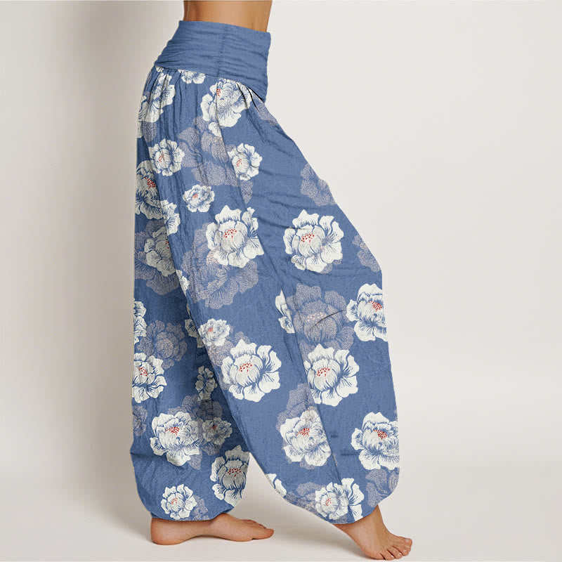 Nimara Ritual Cotton Elegant White Flowers Pattern Women's Elastic Waist Harem Pants