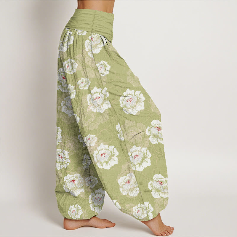 Nimara Ritual Cotton Elegant White Flowers Pattern Women's Elastic Waist Harem Pants