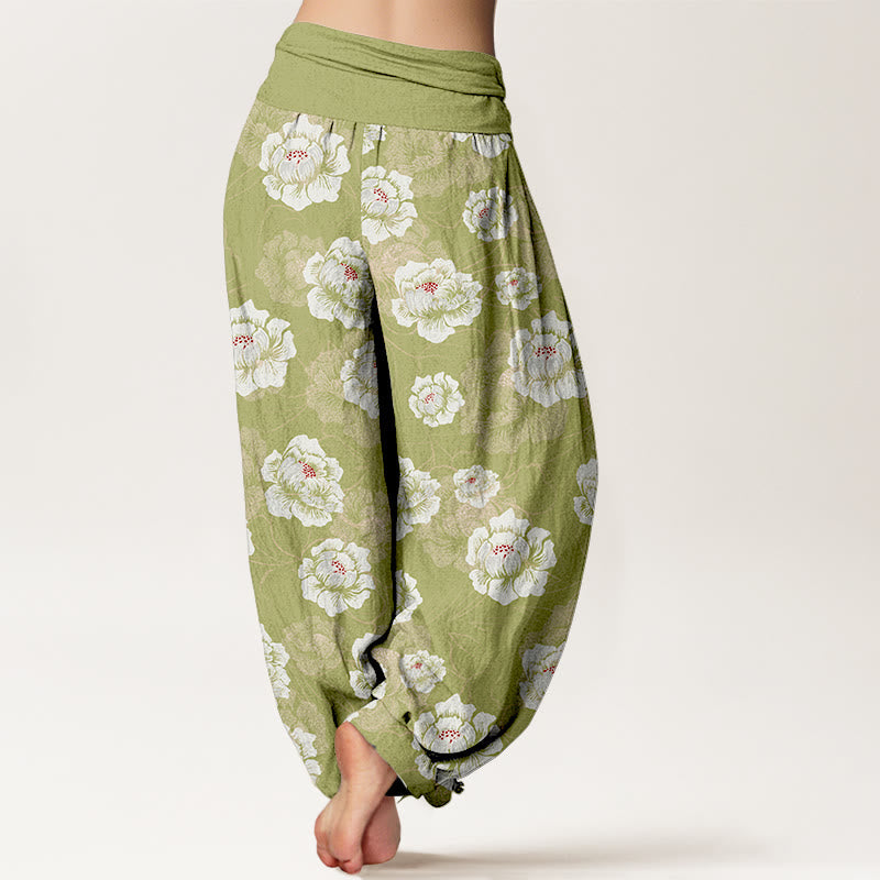 Nimara Ritual Cotton Elegant White Flowers Pattern Women's Elastic Waist Harem Pants