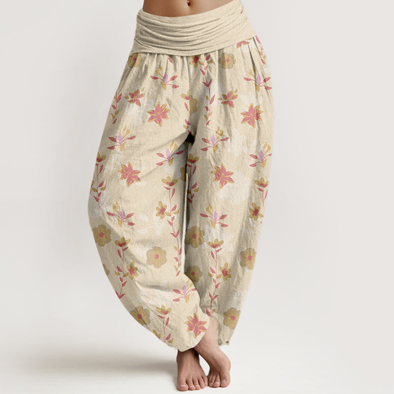 Nimara Ritual Cotton Simple Refreshing Flower Leaf Pattern Women's Elastic Waist Harem Pants