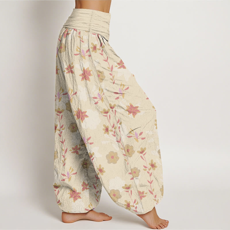 Nimara Ritual Cotton Simple Refreshing Flower Leaf Pattern Women's Elastic Waist Harem Pants