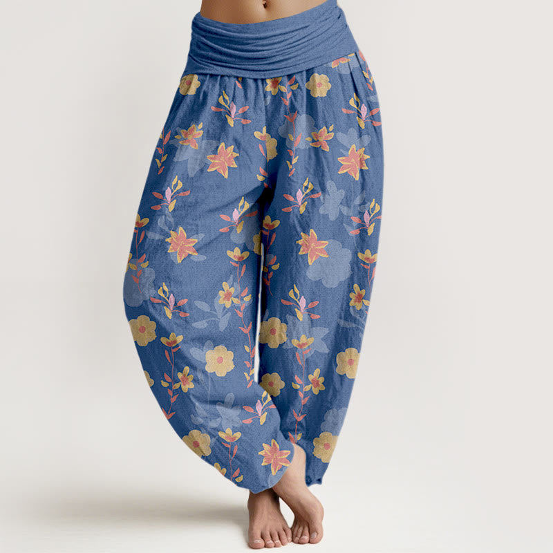 Nimara Ritual Cotton Simple Refreshing Flower Leaf Pattern Women's Elastic Waist Harem Pants