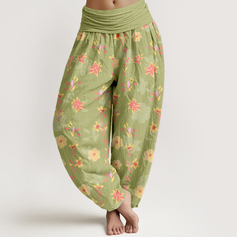 Nimara Ritual Cotton Simple Refreshing Flower Leaf Pattern Women's Elastic Waist Harem Pants