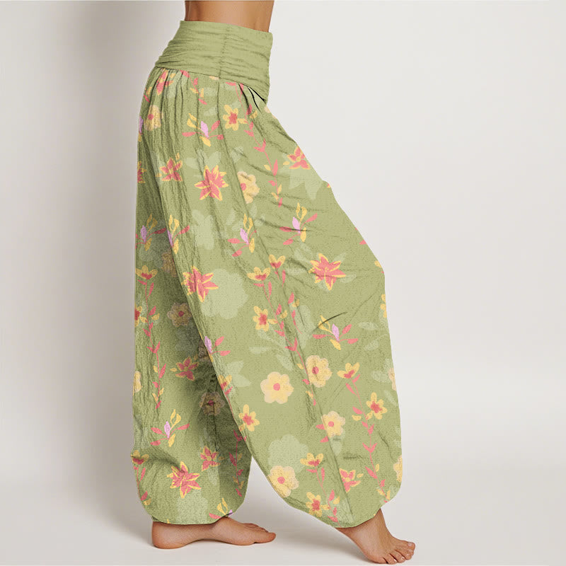 Nimara Ritual Cotton Simple Refreshing Flower Leaf Pattern Women's Elastic Waist Harem Pants