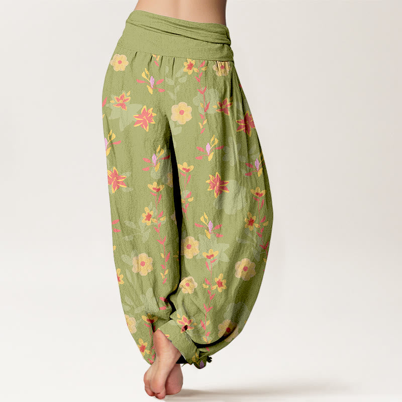 Nimara Ritual Cotton Simple Refreshing Flower Leaf Pattern Women's Elastic Waist Harem Pants