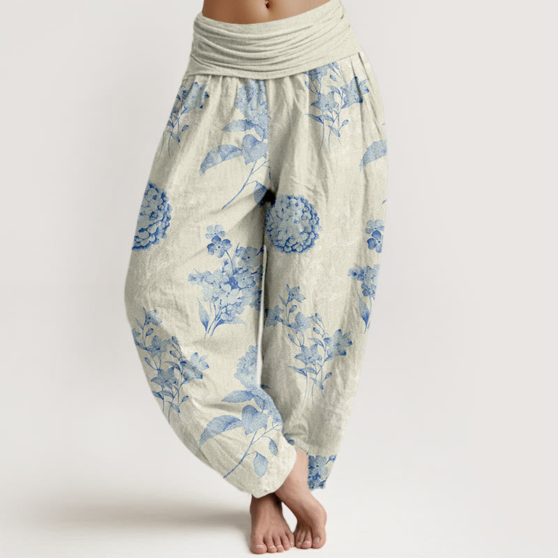 Nimara Ritual Cotton Refresh Hydrangea Clustered Flowers Pattern Women's Elastic Waist Harem Pants