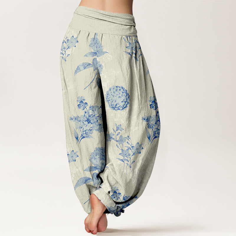 Nimara Ritual Cotton Refresh Hydrangea Clustered Flowers Pattern Women's Elastic Waist Harem Pants