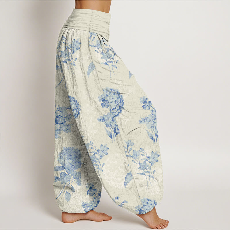 Nimara Ritual Cotton Refresh Hydrangea Clustered Flowers Pattern Women's Elastic Waist Harem Pants