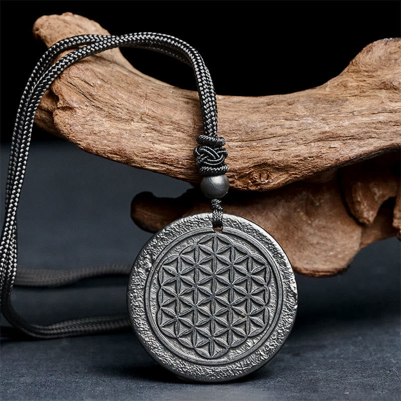 Nimara Ritual Flower of Life Carving Design Authentic Shungite Stone Protection Necklace Pendant